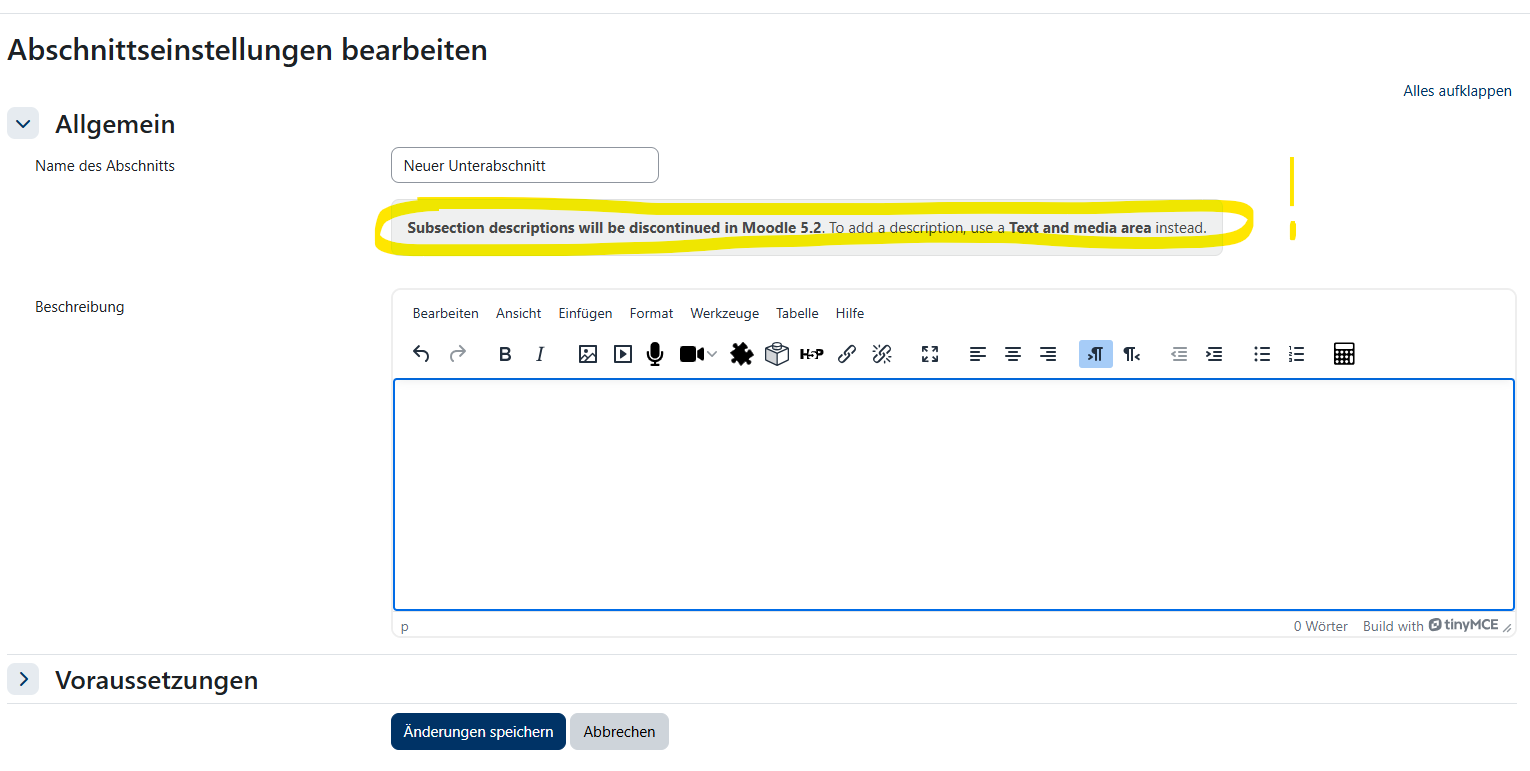 Screenshot vom Warnhinweis "Subsection descriptions will be discontinued in Moodle 5.2."