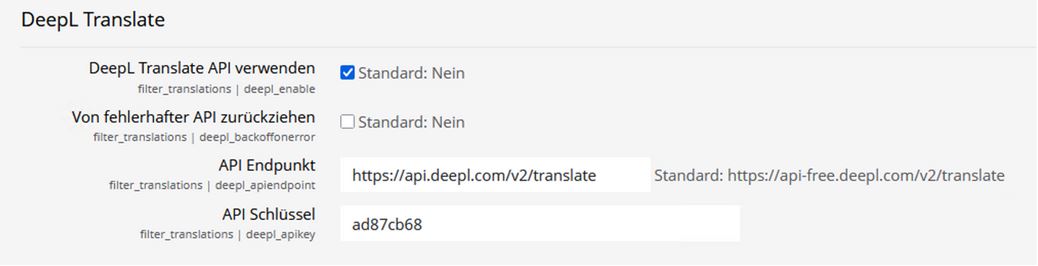 Screenshot: Admin-Einstellungen Translate Plugin